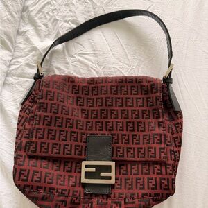 Fendi Burgundy FF Jacquard Shoulder Bag with Black Trim